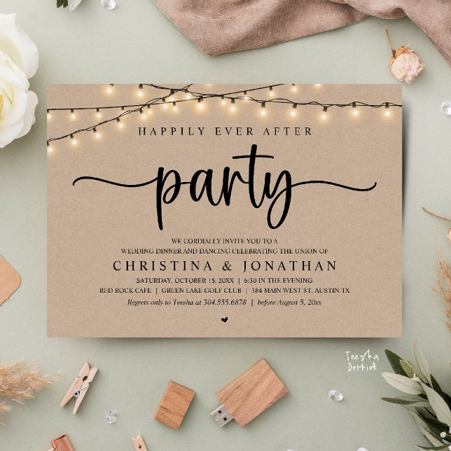 Invitation Happily Ever After Party, Rustic Wedding Dinner (Happily Ever After Party, Rustic Wedding Dinner Invitation Card,  cottage string lights, brown kraft)