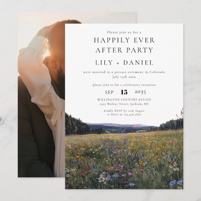 Invitation Happily Ever After Photo Wildflowers Wedding (Devant / Derrière)