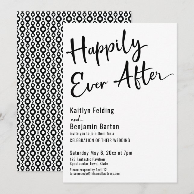 Invitation Happily Ever After Typographie Gras Noir Blanc (Devant / Derrière)