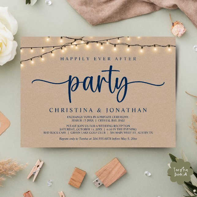 Invitation Happily Ever After Wedding Party,  String Lights (Happily Ever After Wedding Party, String Lights, Brown Kraft Invitation card, PDF, Navy Blue)