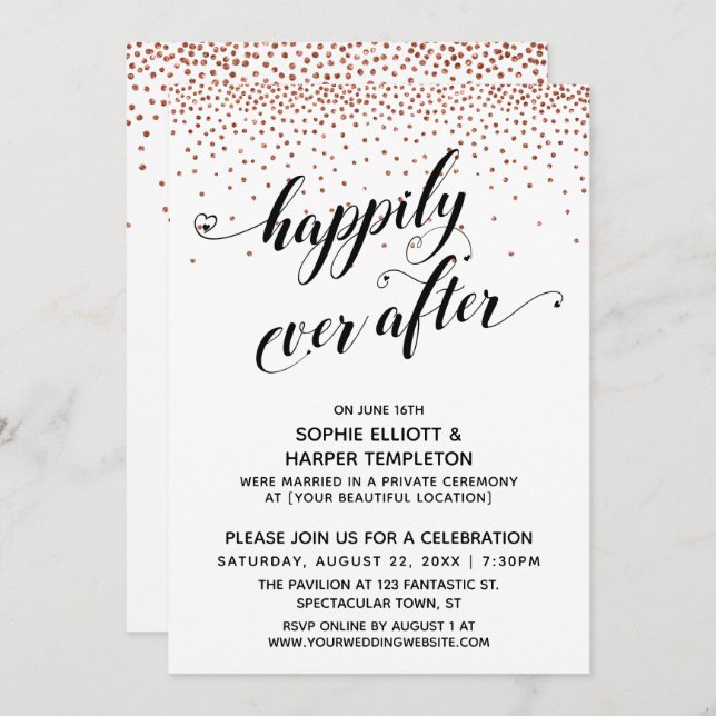 Invitation Happily Ever Ever Hearts Script Confettis cuivre (Devant / Derrière)