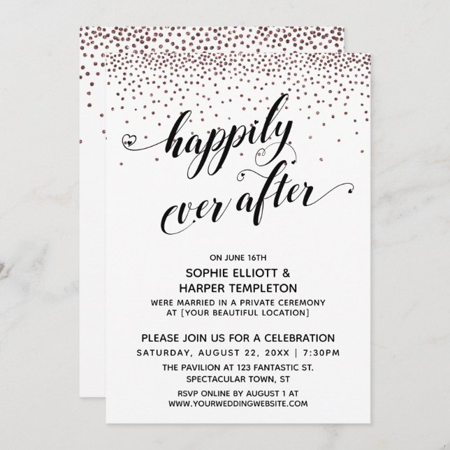 Invitation Happily Ever Ever Hearts Script Rose Gold Confetti (Devant / Derrière)