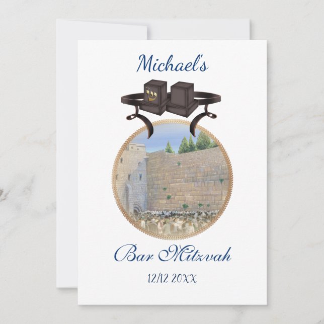 Invitation Happy Bar Mitzvah Jerusalem Kotel Tefillin Gold (Devant)