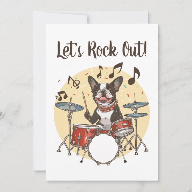 Invitation Happy Birthday Boston Terrier Dog Playing Drums (Devant)