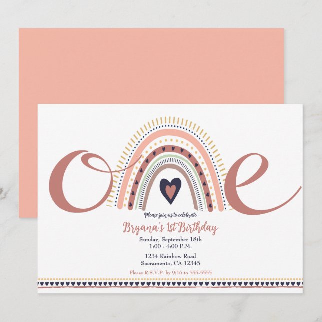 Invitation Happy Boho Rainbow Modern 1 1st Birthday Party (Devant / Derrière)
