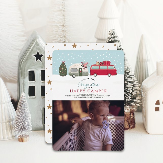 Invitation Happy Camper Christmas Blue 1st Birthday Photo (Créateur téléchargé)