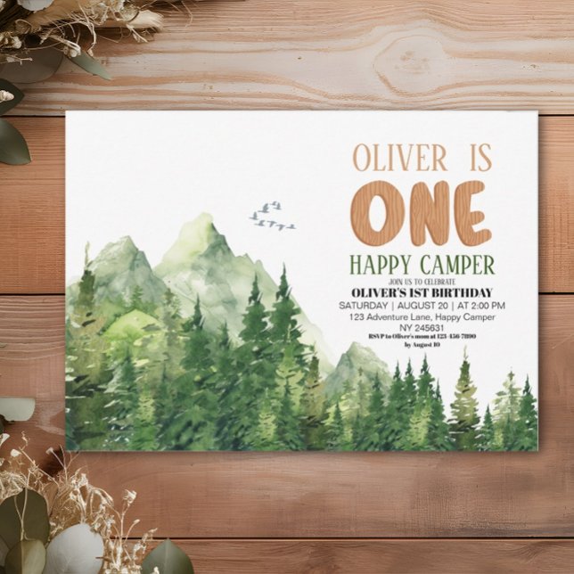 Invitation Happy Camper Green Watercolor Forest 1er anniversa (Créateur téléchargé)