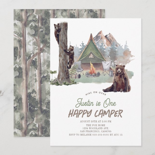 Invitation Happy Camper Mountain Bears Boy 1er anniversaire (Devant / Derrière)
