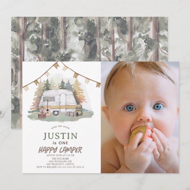 Invitation Happy Camper Mountain Boy 1er Birthday Photo (Devant / Derrière)