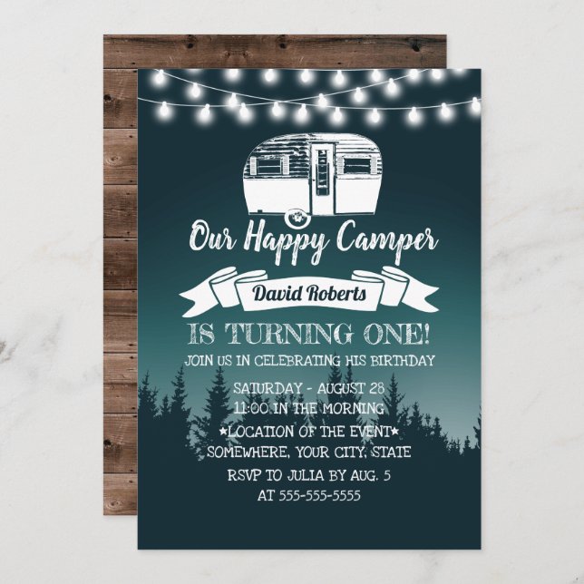 Invitation Happy Camper Rustic Forest 1er anniversaire (Devant / Derrière)