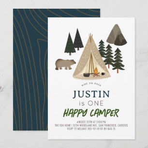 Invitation Happy Camper Tent Bear Boy 1er Anniversaire Invita