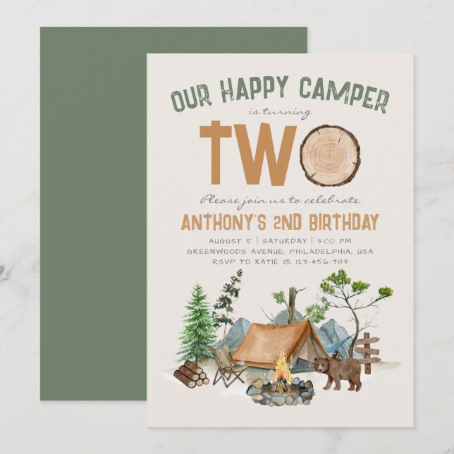 Invitation Happy Camper Watercolor Woodland 2e anniversaire (Devant / Derrière)