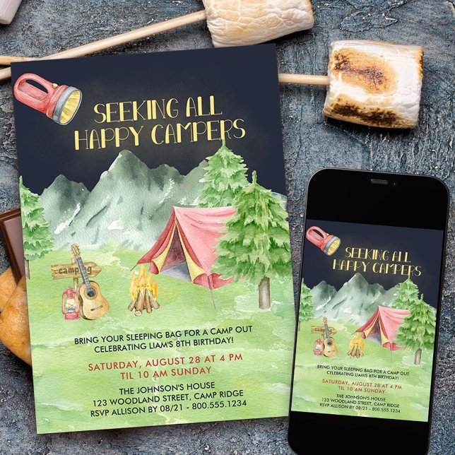 Invitation Happy Campers Camp Out Adventure Boys Anniversaire (Happy Campers Sleepover Birthday Invitation for any age)