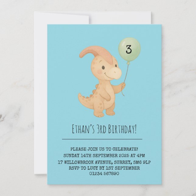 Invitation Happy Dino with Curved Crest and Balloon Birthday  (Devant)