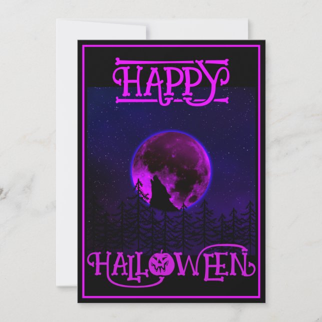 Invitation Happy Halloween Howling Chien Purple Moon (Devant)