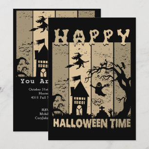 Invitation Happy Halloween Witch House Ghost Cemetery Sepia