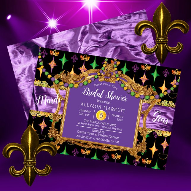 Invitation Harlequins Fleur de Lis Mardi Gras Fête des mariée (Harlequins Fleur de Lis Mardi Gras Bridal Shower Invitation)