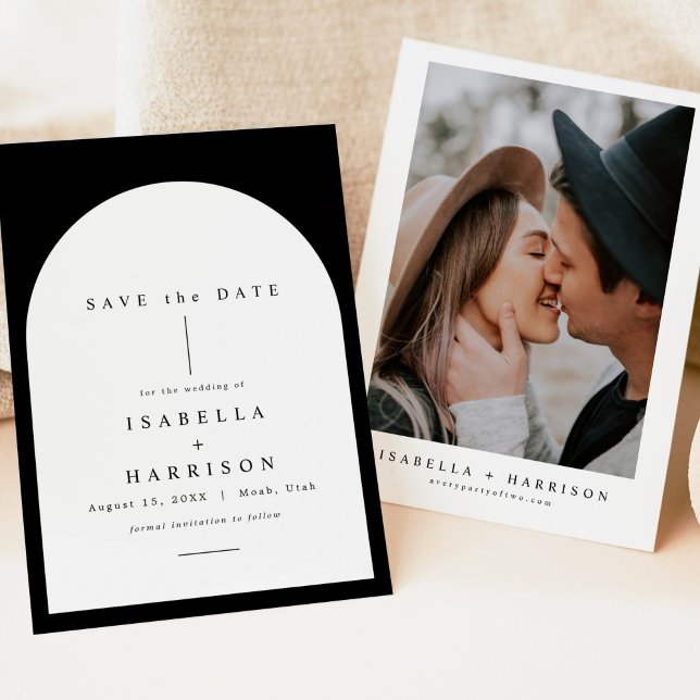 Invitation HARPER Black White Boho Arch Photo Enregistrer la  (Créateur téléchargé)