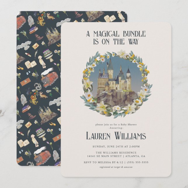 Invitation Harry Potter | Baby shower de château magique Hogw (Devant / Derrière)
