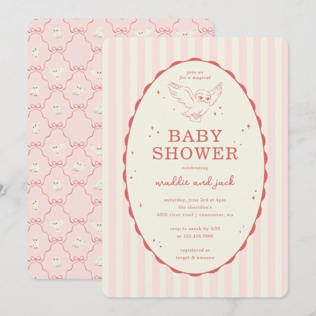 Invitation Harry Potter Hedwig Rayure Rose Baby Shower (Devant / Derrière)