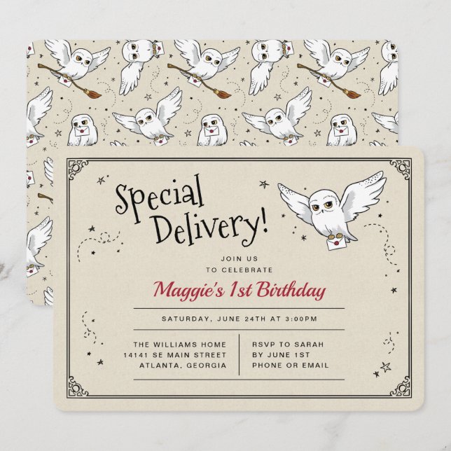 Invitation Harry Potter Hedwig Special Delivery Birthday (Devant / Derrière)