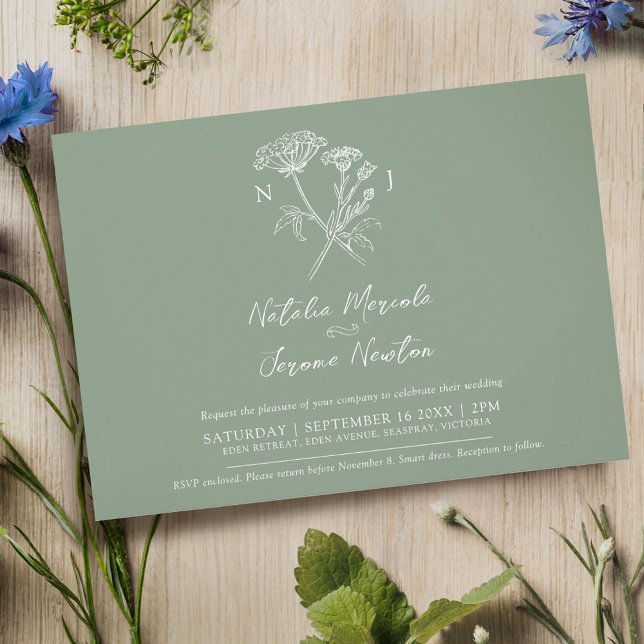 Invitation Hartwort de Cornflower botanique vert blanc mariag (Créateur téléchargé)