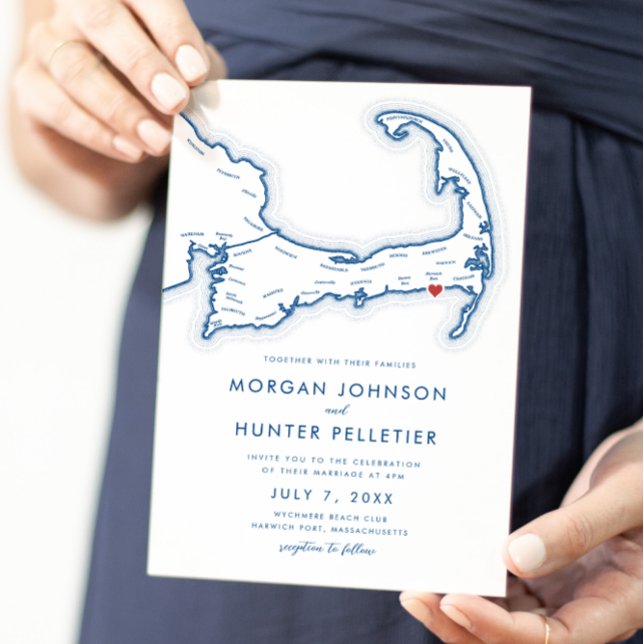 Invitation Harwich Port Cape Cod Marine Bleu minimaliste Mari (Harwich Port MA Minimal Modern Cape Cod Wedding Wedding Invitation in Navy Blue Coastal Map Designs )