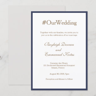 Invitation Hashtag Millennial Navy Blue Gold White Mariage