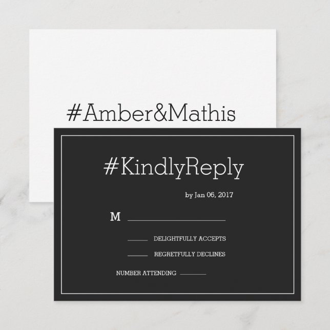 Invitation Hashtag moderne élégant noir blanc mariage rsvp (Devant / Derrière)