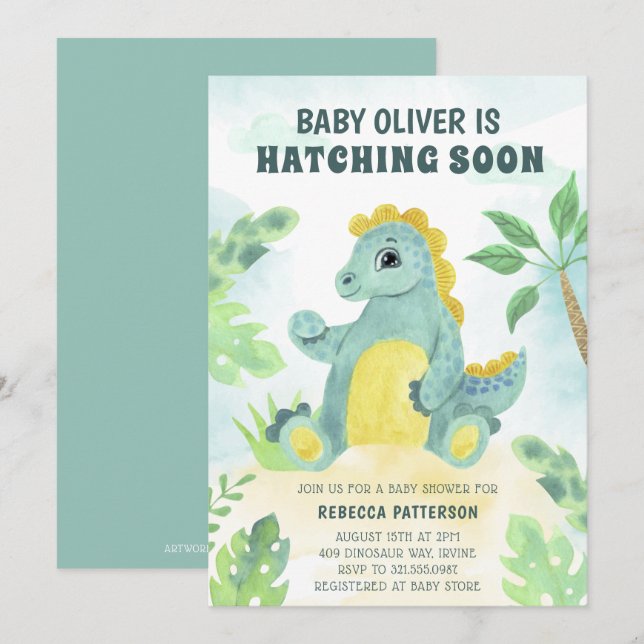 Invitation Hatching Bientôt Cute Boy Dinosaur Baby shower (Devant / Derrière)