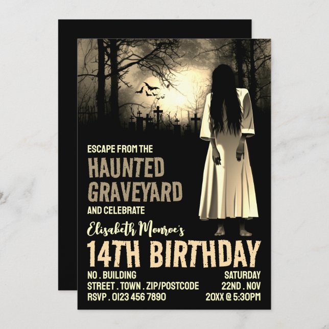 Invitation Hauné Graveyard Thème Escape Room Anniversaire (Devant / Derrière)