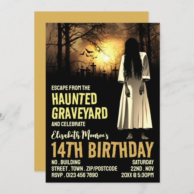 Invitation Hauné Graveyard Thème Escape Room Anniversaire (Devant / Derrière)