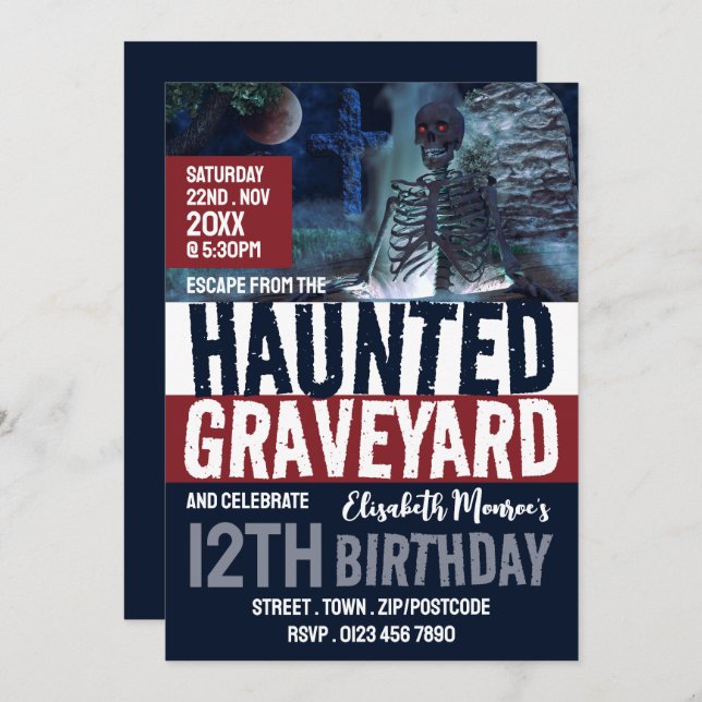 Invitation Hauné Graveyard Thème Escape Room Anniversaire (Devant / Derrière)