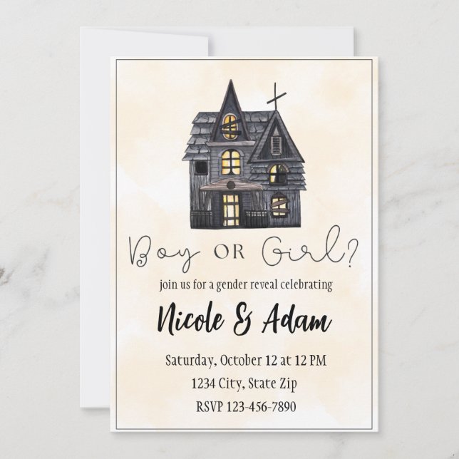 Invitation Hauné Maison aquarelle Halloween Révélation de gen (Devant)