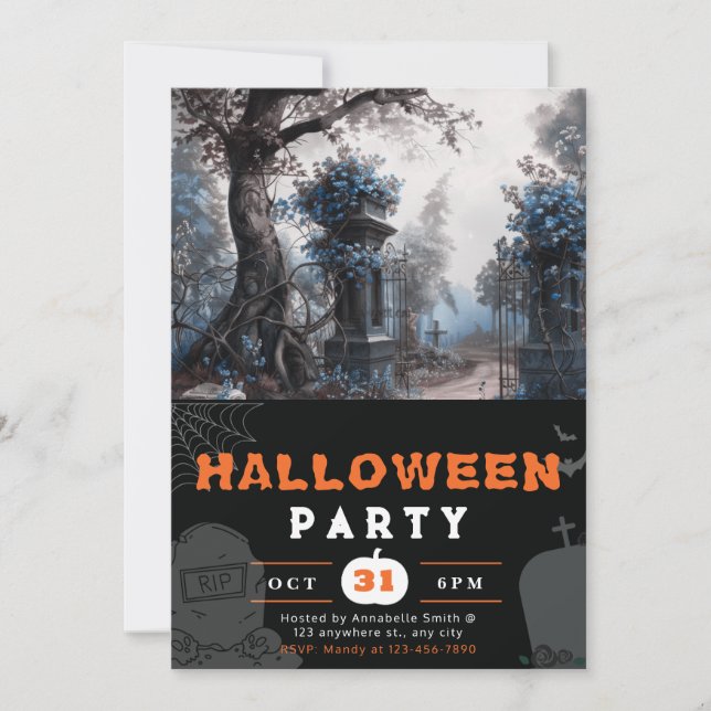 Invitation Hauning Graveyard Blue Flowers Halloween (Devant)