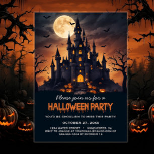 Invitation Haunted Castle Bats Arbres Éffrayant Halloween Par