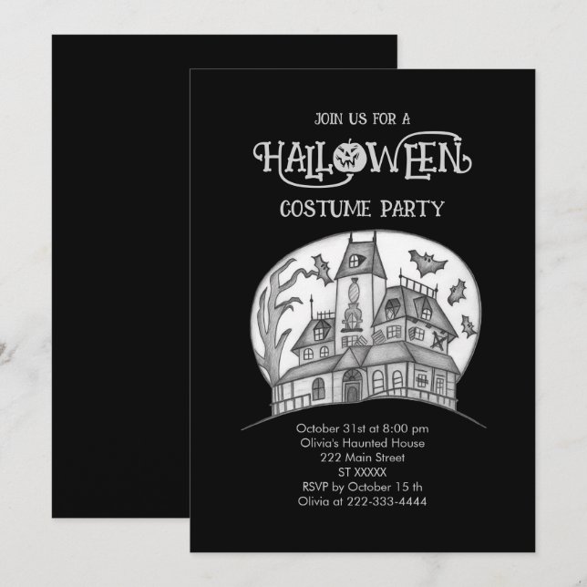 Invitation Haunted House and Bats Halloween (Devant / Derrière)
