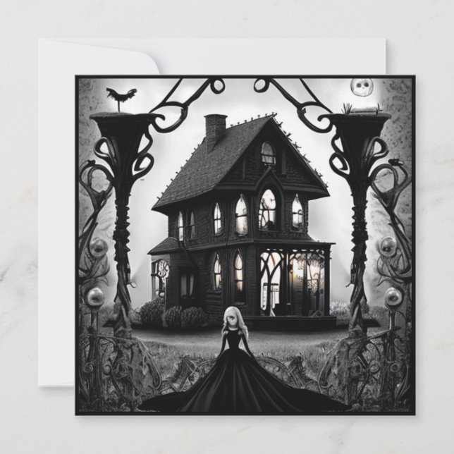 Invitation Haunted Mansion et Gothic Woman Halloween (Devant)