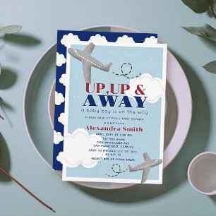 Invitation Haut Haut & Away Avions Nuages Bleu Garçon Baby Sh