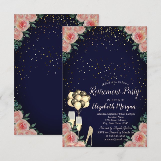 Invitation Haut talons, Confetti Blue Floral Retraite Party (Devant / Derrière)