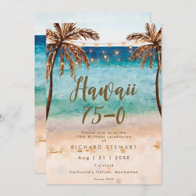 Invitation hawaii 75 0 75e fête d'anniversaire de plage (Devant / Derrière)