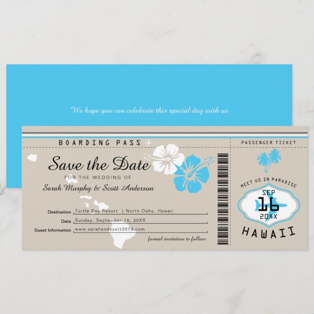 Invitation Hawaii Boarding Pass Tand and Blue Save the Date (Devant / Derrière)