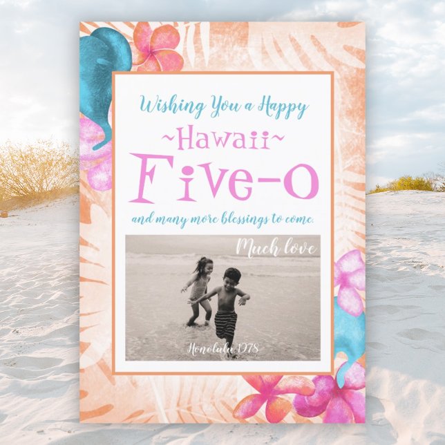 Invitation Hawaii Cinq-0 50e Anniversaire, Corail, Rose, Aqua (pink, coral orange tropical hawaii 5-0 50th birthday card, hawaiian tropical flowers fifty 50)