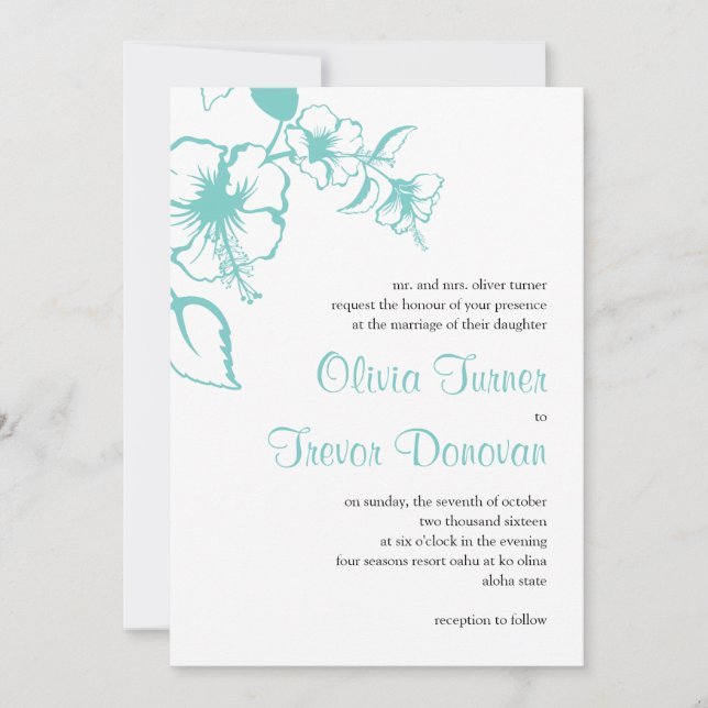 Invitation Hawaii Turquoise Hibiscus Destination Mariage (Devant)