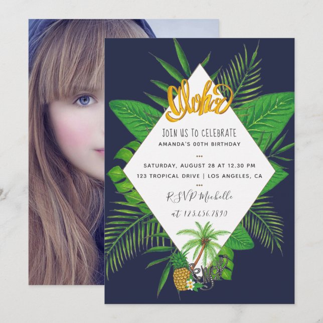 Invitation Hawaiian Aloha Luau Birthday Party ajouter la phot (Devant / Derrière)