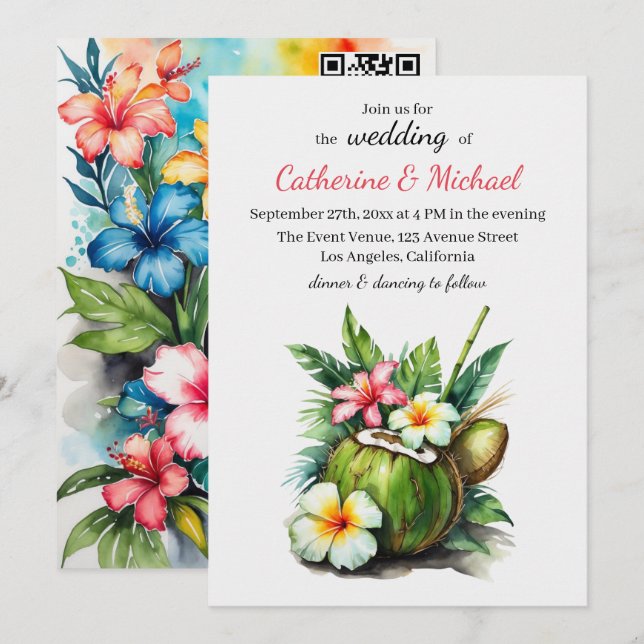 Invitation Hawaiian Beach vacances été Hibiscus Mariage (Devant / Derrière)