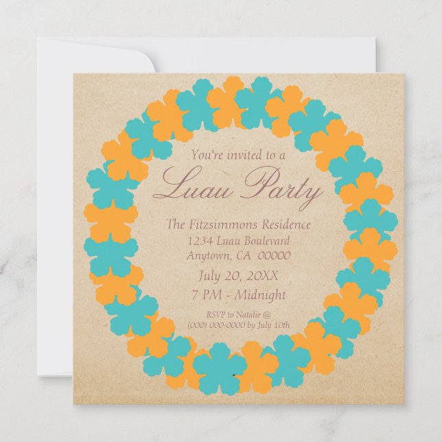 Invitation Hawaiian Lei Luau Party, Aqua & Orange (Devant)