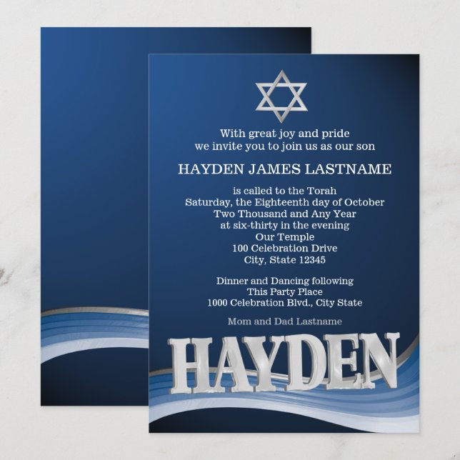 Invitation Hayden Steel Wave Name Bar Mitzvah (Devant / Derrière)