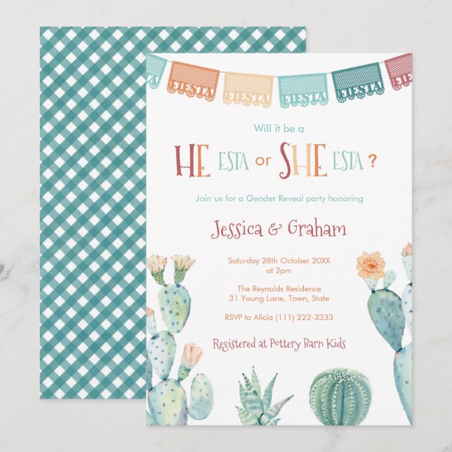 Invitation He-Esta She-ESTA Baby shower de révélation de genr (Devant / Derrière)