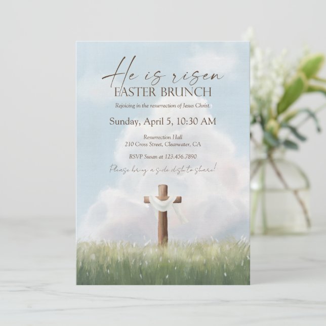 Invitation He Is Risen Easter Brunch Cross Resurrection (Debout devant)